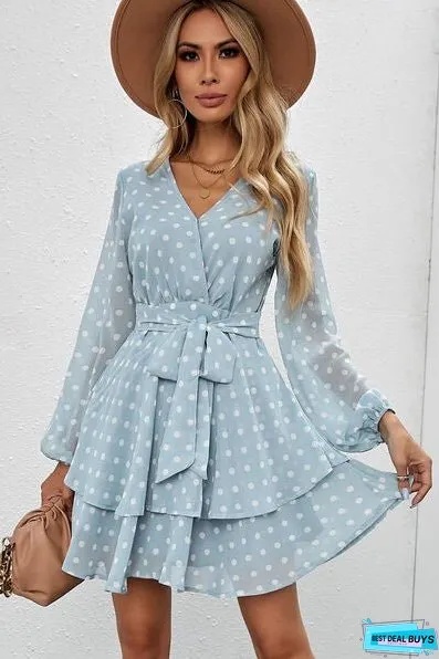 Tied Layered Polka Dot Balloon Sleeve Dress