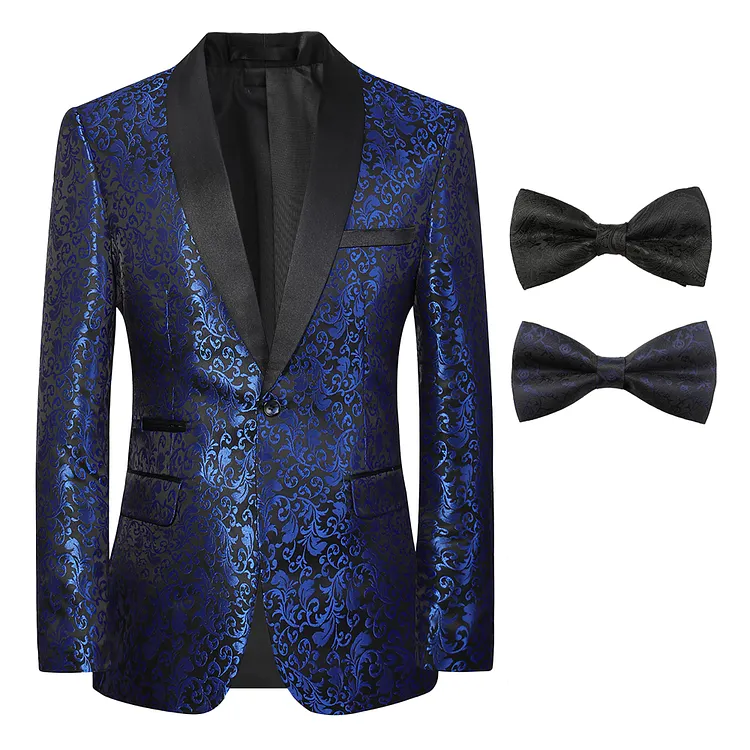 Beauty-Emily Mens Floral Suit Coats With Two Bow Tie One Button Tuxedo Jacket Shawl Lapel Blazer for Wedding Dinner Party