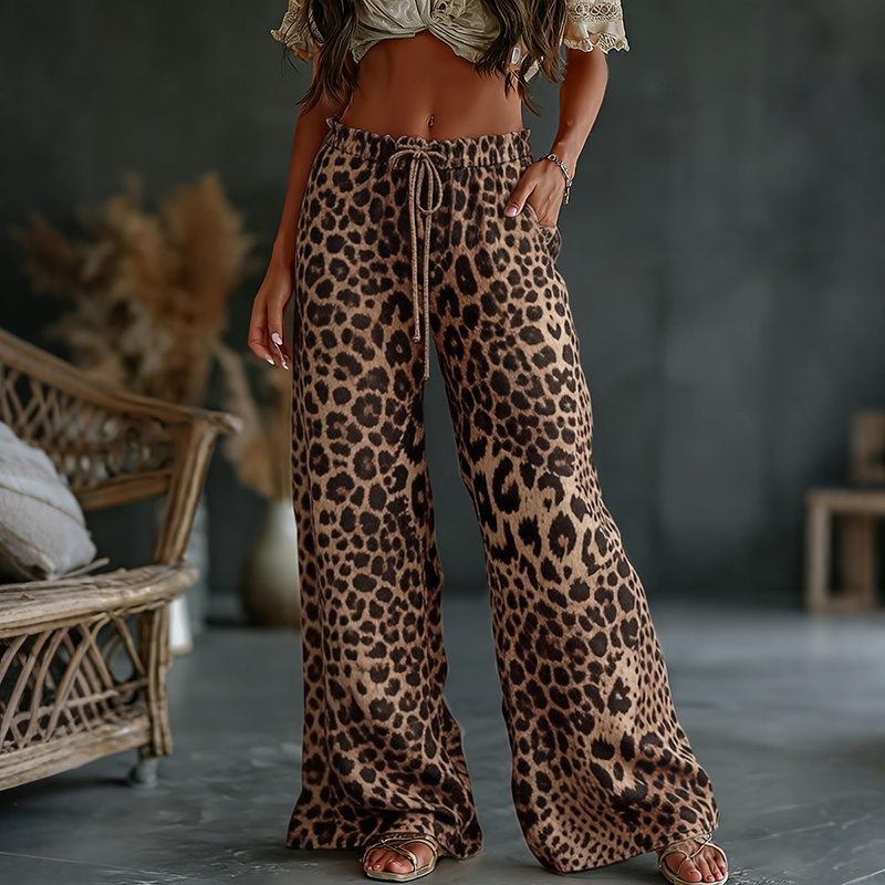 Comstylish Women's Vintage Leopard Art Print Flowy Linen Blend Casual Pants