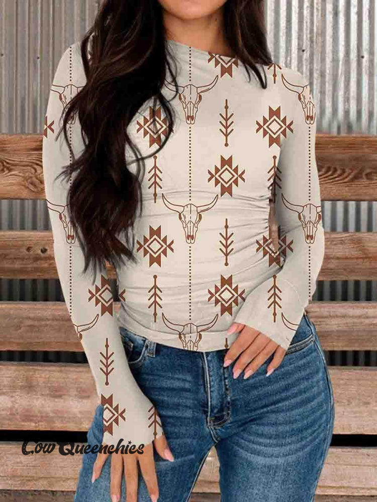 Women&rsquo;s Vintage Aztec Print Long Sleeve Comfortable Stretch Mesh Top Multicolor / S