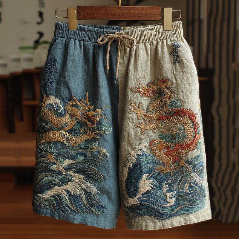Men's Japanese Dragon Art Contrast Linen Short Pants  artssus