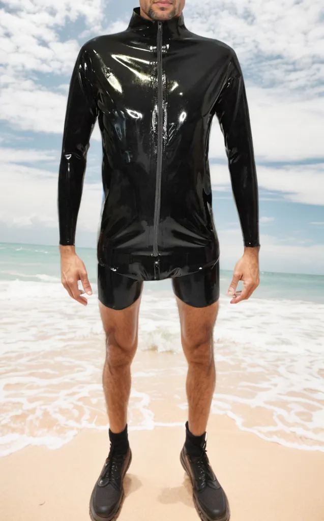 Men Latex Jackets Black High-Collar Long Sleeve
