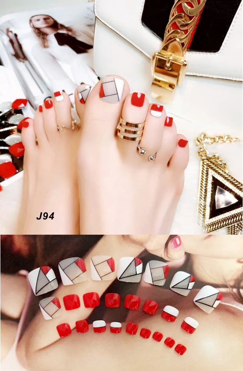 24Pcs Pretty Summer Beach Toes False Nails Rhinestone Pre-design Full Cover Red Foot Artificial Fake Nails with Glue Nail Beauty-Nail Inspo