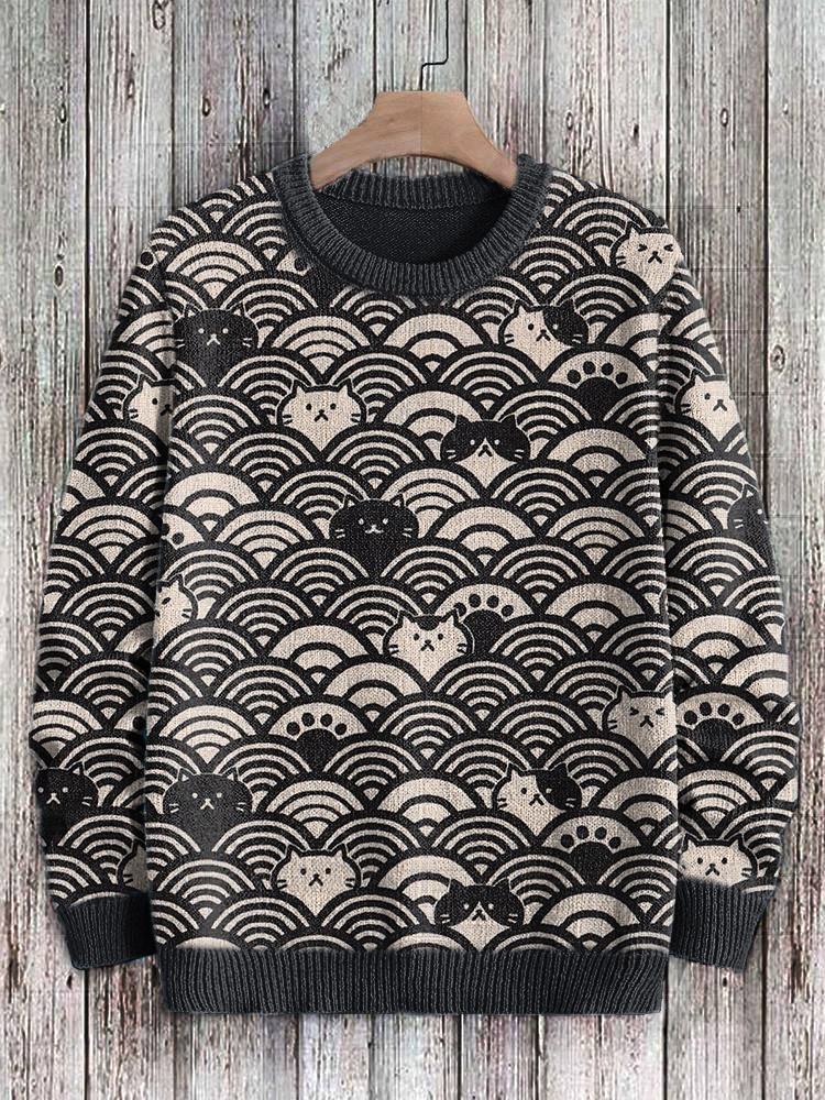 Cats & Waves Japanese Art Print Cozy Knit Sweater  artssus