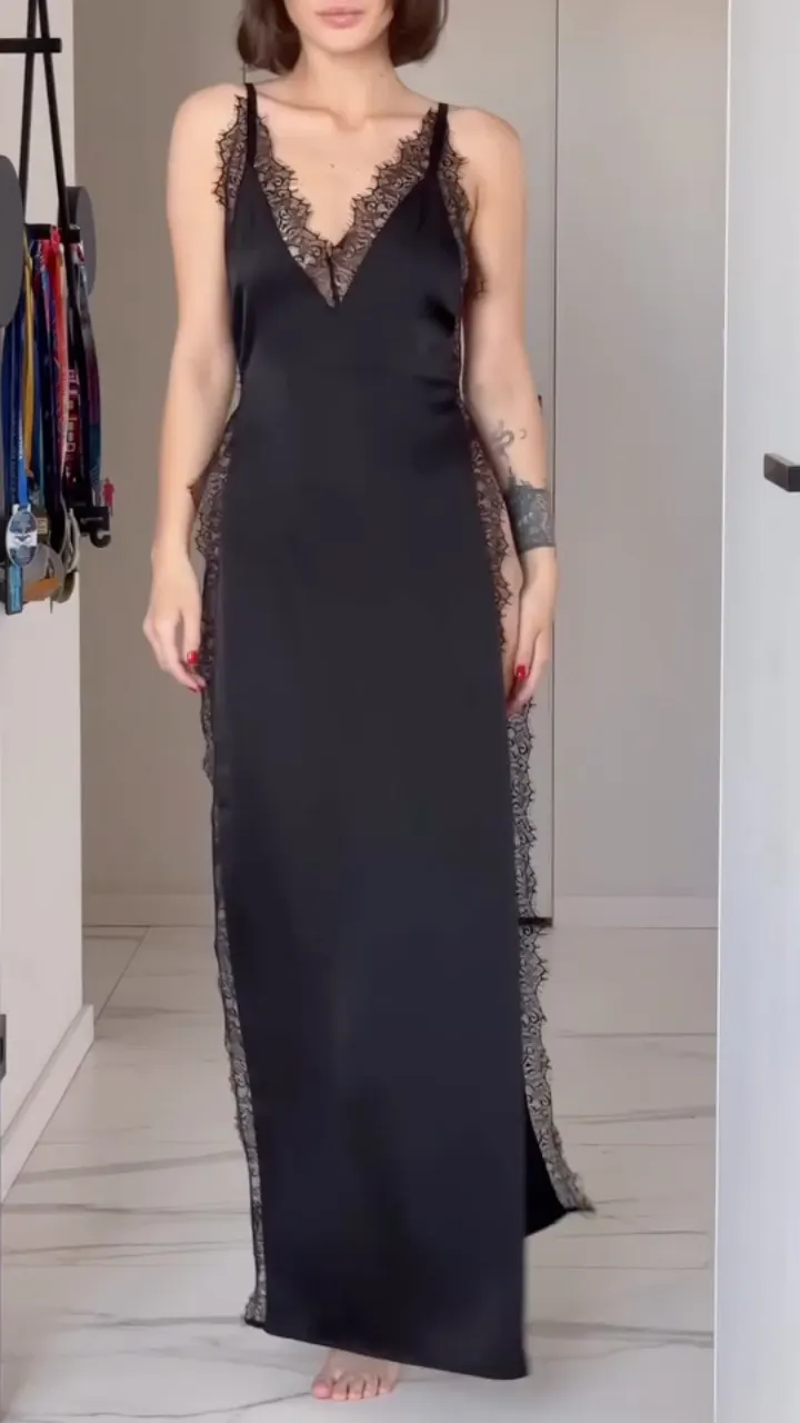 V Neck Satin Lace Trim Maxi Dress