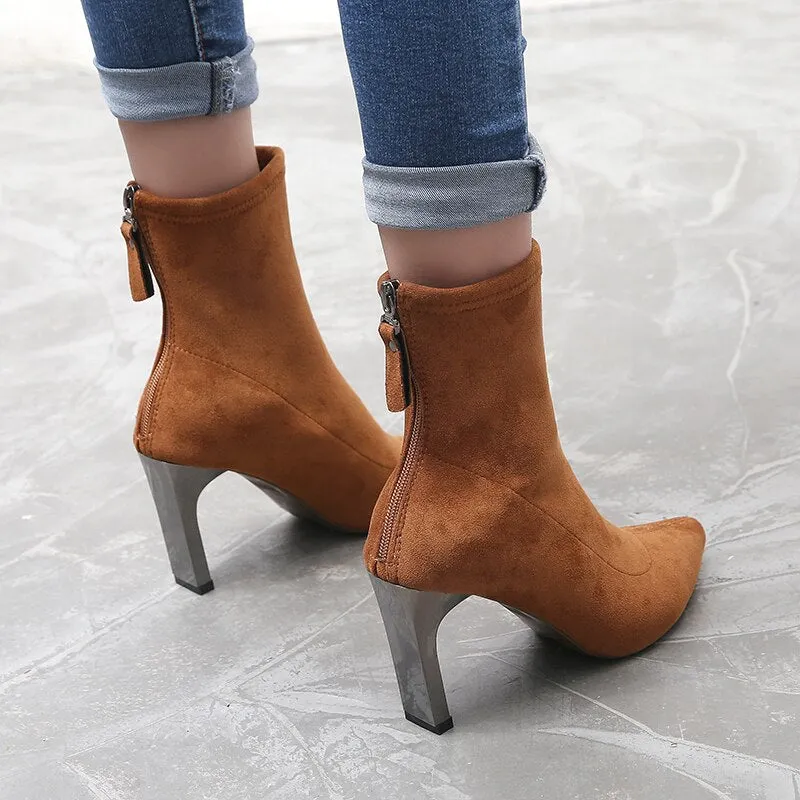 Europea High Heeled Boots Woman Elastic Socks Boots Women's Mid Calf Boots Pointed toes Sexy Booties Chunky Heel Shoes Red