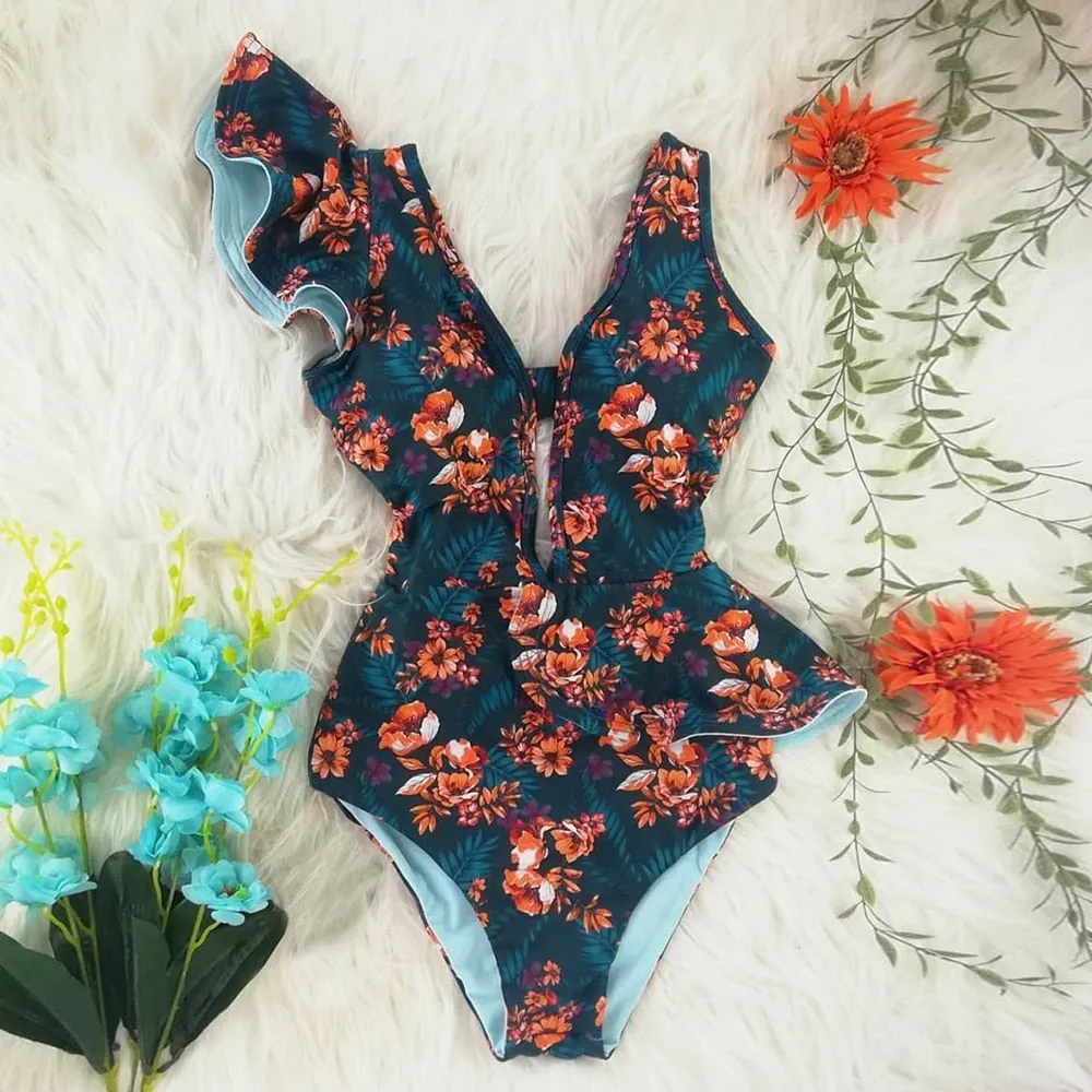 2022 New Sexy Ruffle Print Floral One Piece Swimsuit Off The Shoulder Swimwear Women Solid Deep-V Beachwear Bathing Suit Monkini