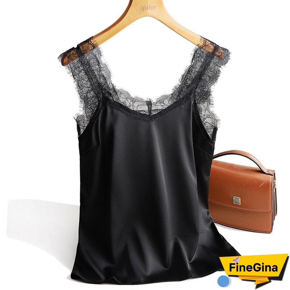 Sexy Lace Tank Tops Women Silk Sleeveless V Neck Womens Camisole Halte Tank Top Feminino Slim White Summer Woman Clothe