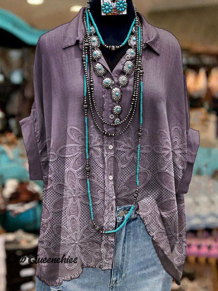 Women&rsquo;s Vintage Floral Art Print 100% Cotton Batwing Sleeves Casual Raw Edge Button Shirt