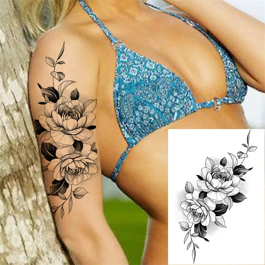 Flower Compass Temporary Tattoo For Women Girls Adult Rose Peony Tattoos Sticker Fake Black Floral Body Art Thigh Tatoos Paper