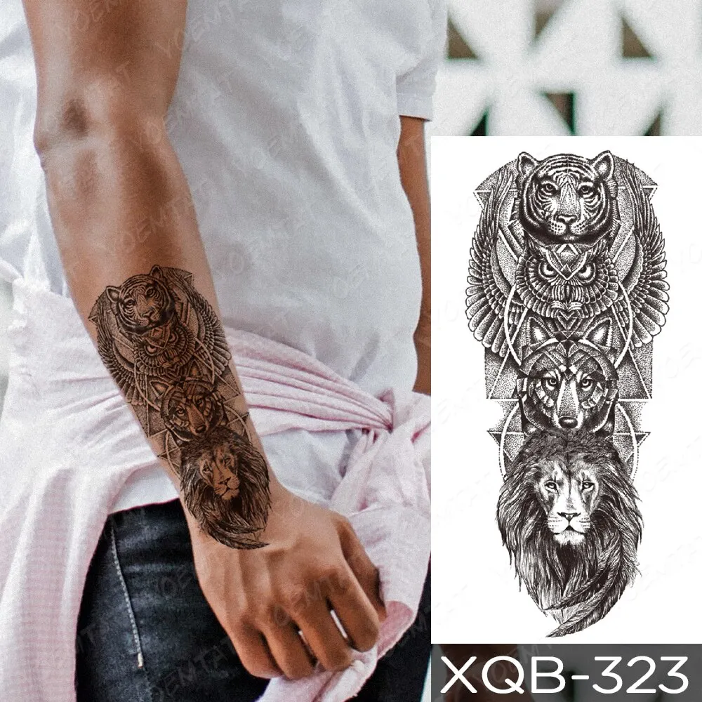 Sdrawing Temporary Tattoo Stickers Fox Lion Tiger Wolf Peony Rose Flowers Leaf Flash Tatto Women Men Body Art Arm Fake Tattoos