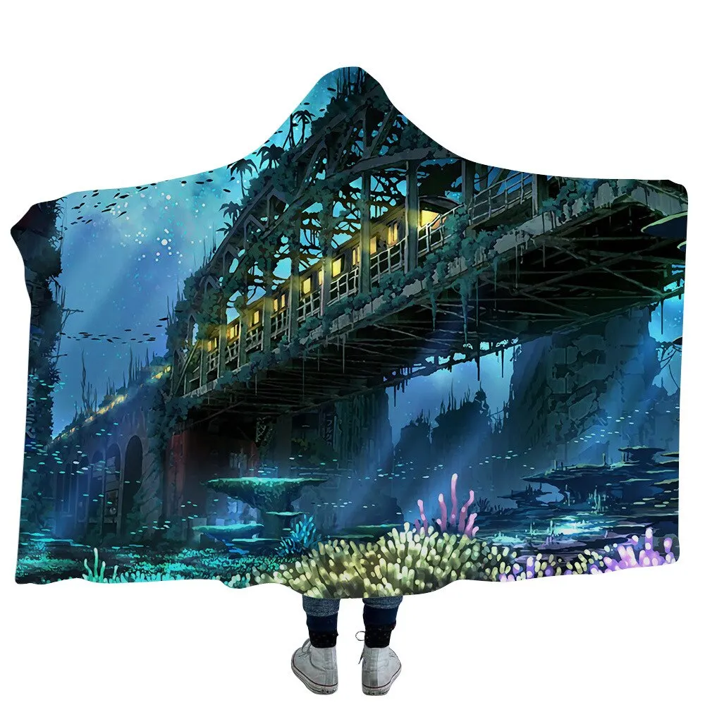 Huge Mushroom Hooded Blanket For Adults Kids 3D Psychedelic Scenery Sherpa Fleece Bed Blankets Travel Camping Mantle Bedspreads
