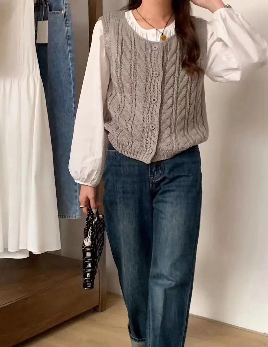 Churchf Churchf Short Fold Wear Single Breasted Sweater Cardigan Vest Retro Twist Round Neck Thick Line Knit Vest Woman