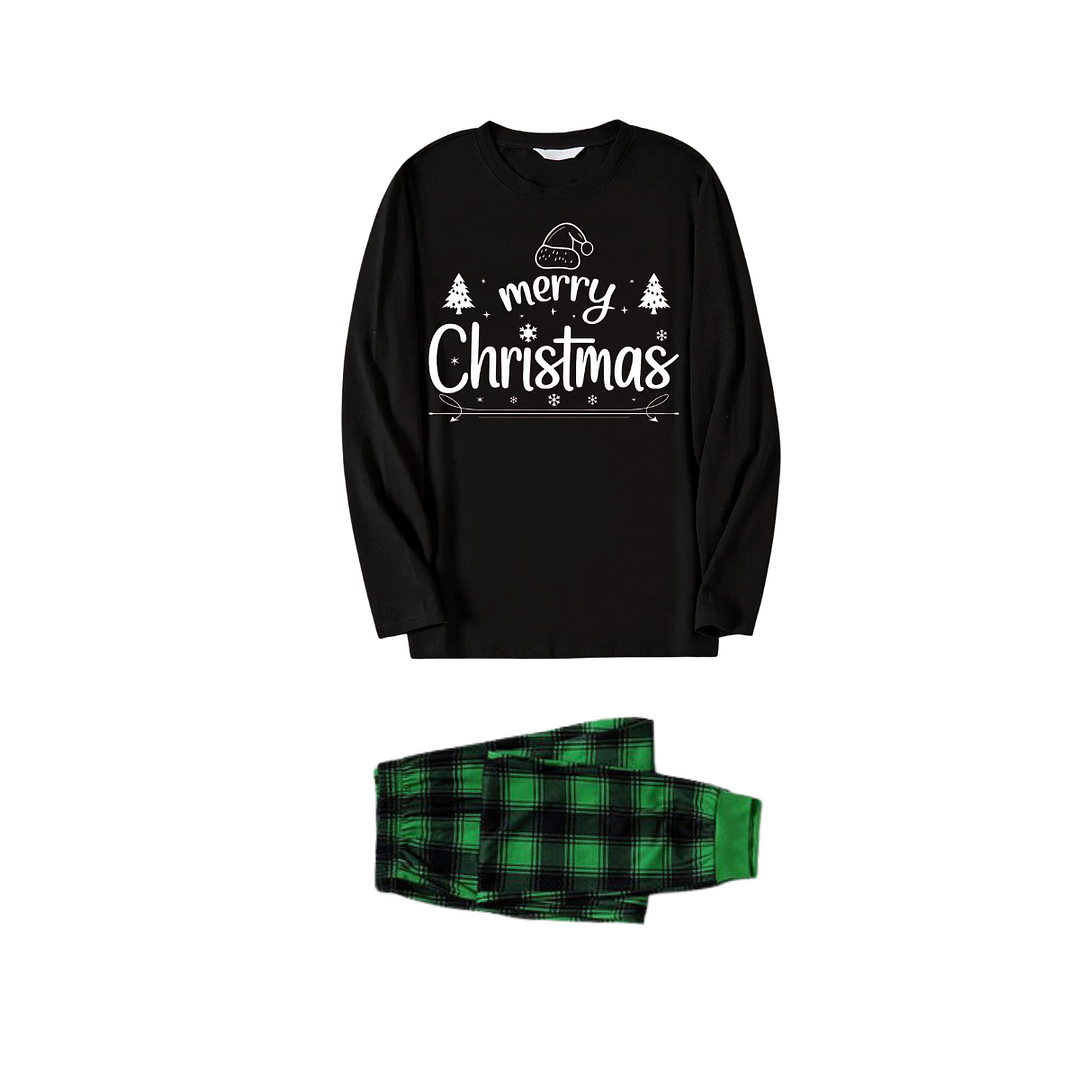 "Merry Christmas" White Letter 2024 Black Long Sleeve Top with Black And Green Plaid Pants Family Matching Pajamas