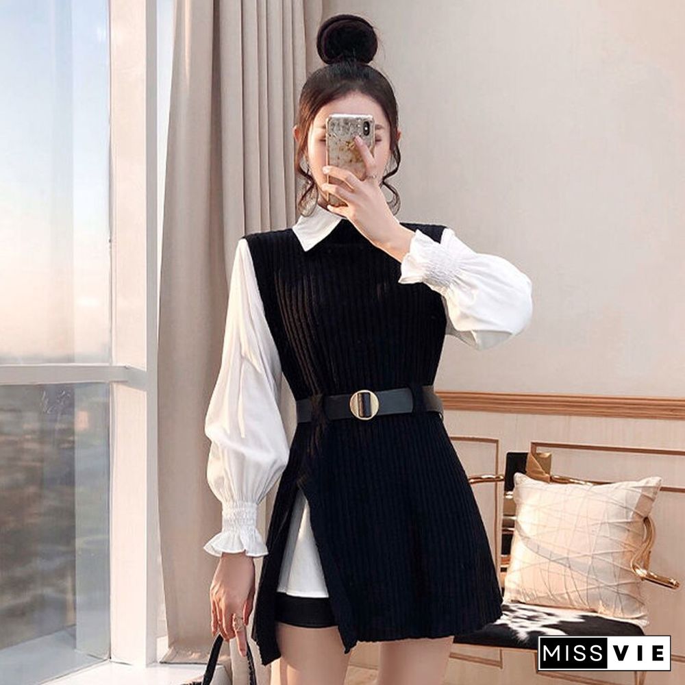 Autumn Fashion Design Shirt And Knitted Vest Women Two Piece Set Solid Black Tanks Casual Loose Coffee O Neck Tanks New