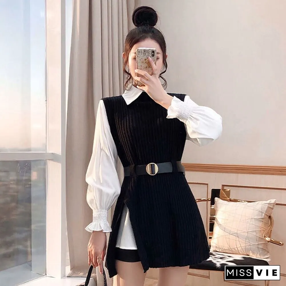Autumn Fashion Design Shirt And Knitted Vest Women Two Piece Set Solid Black Tanks Casual Loose Coffee O Neck Tanks New