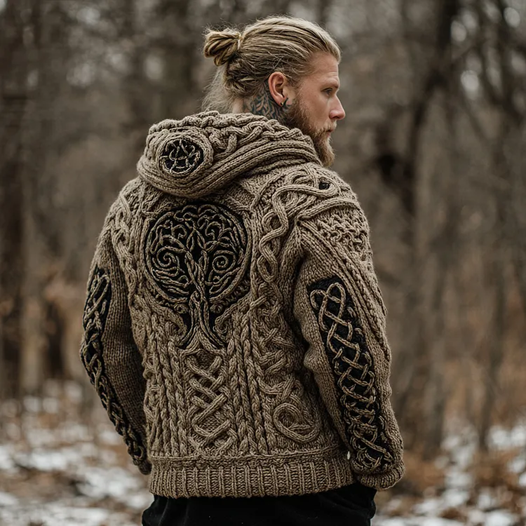 Men's Vintage Viking Tree Of Life Celtic Knot Art Chunky Knit Hooded Zip-up Sweater