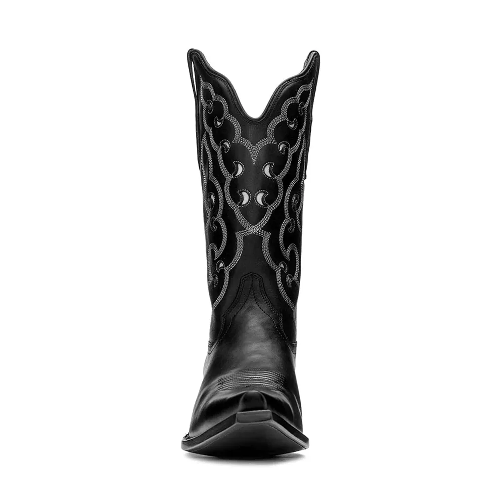 Black Snip Toe Chunky Heel Cut Out Embroidered Cowboy Boots for Women