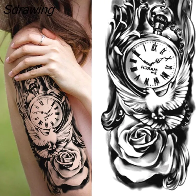 Sdrawing Tiger Temporary Tattoos For Men Women Kids Lion Skull Cross Tattoo Sticker Black Compass Skeleton Tatoos Leg Thigh 328-0