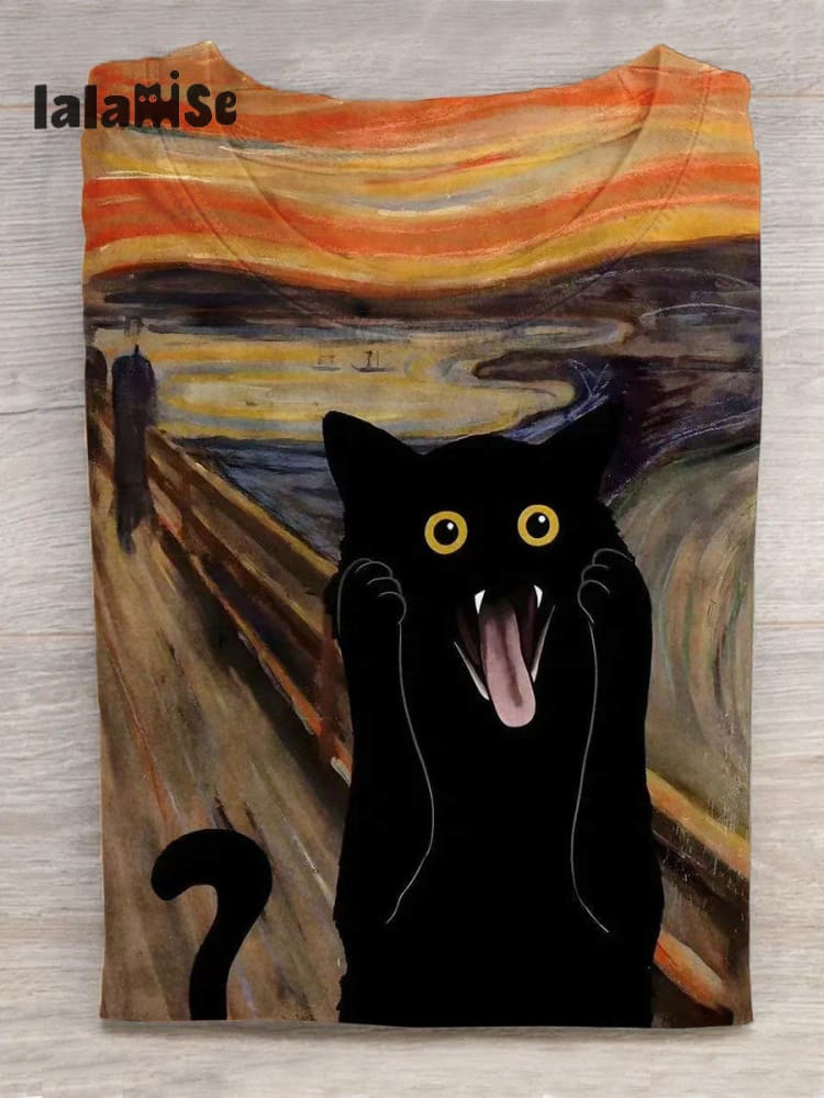Funny Black Cat Series World Famous Paintings Scream Art Print Design T - Shirt Muilticolor / S
