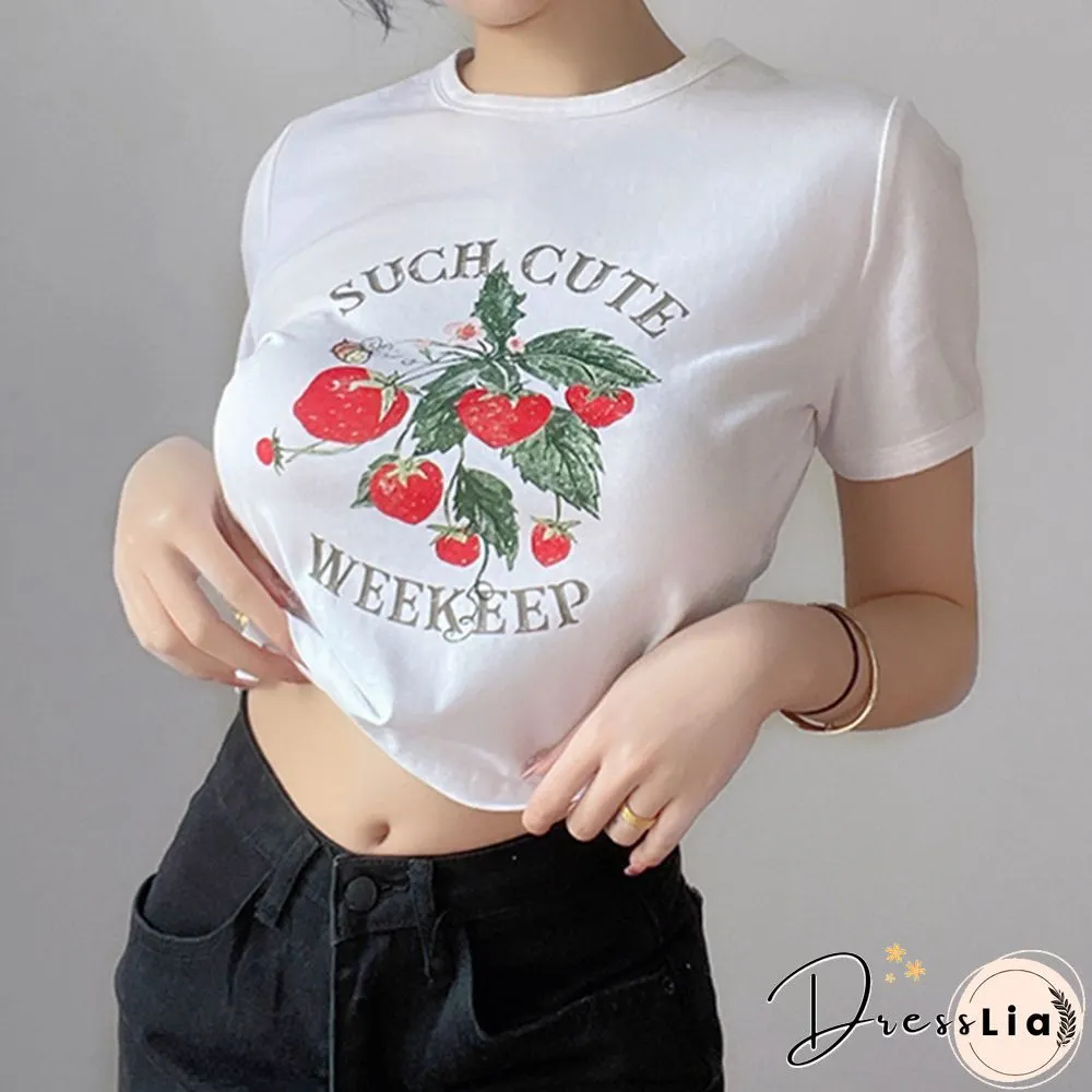 Cute Kawaii Strawberry Print Crop Tops Women Fairycore Short Sleeve Tshirt Aesthetic Harajuku Clothes Streetwear