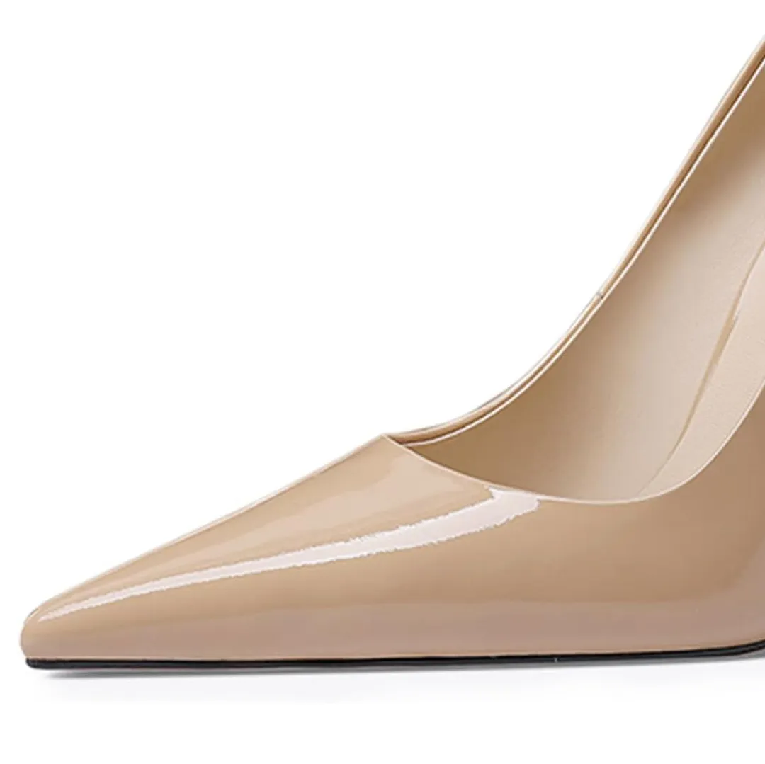 Nude Patent Leather Flared Heel Pointed Toe Pumps for Women