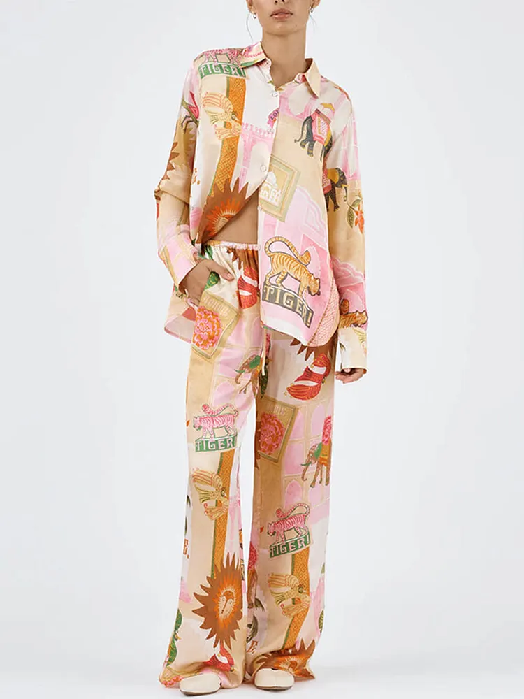 Unique Printed Casual Shirt Top and Elastic Waist Loose Pants Sets