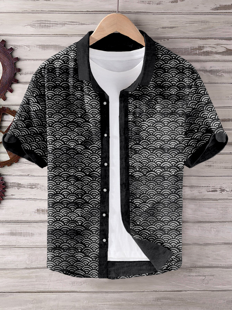 Japanese Waves Pattern Short Sleeve Linen Blend Shirt  artssus