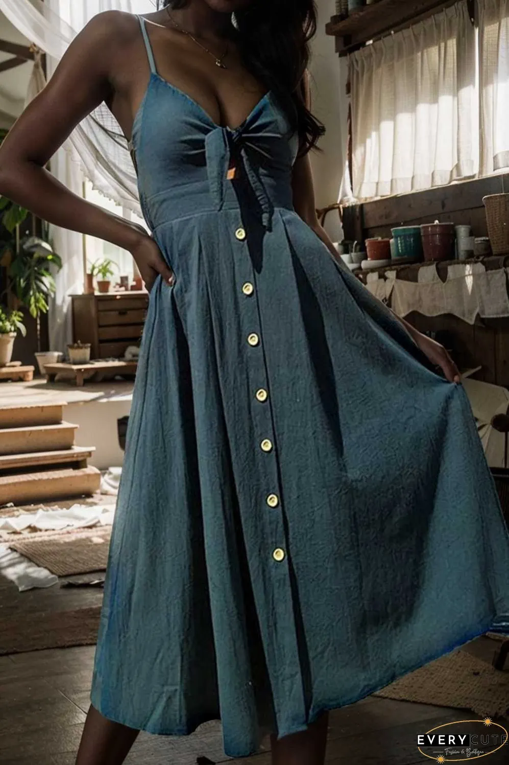 floral v neck tie spaghetti strap beach midi dress