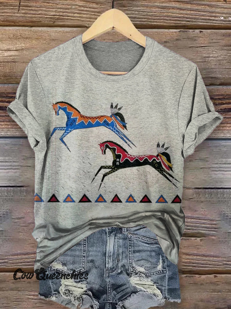 Classic Horse Art Print Casual T-Shirt Multicolor / S
