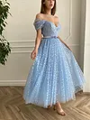 Light Baby Blue Sparkling Prom Dress Off The Shoulder Sweetheart Tulle A Line With Belt Tea Length Ball Gown Party Special Occasion Princess