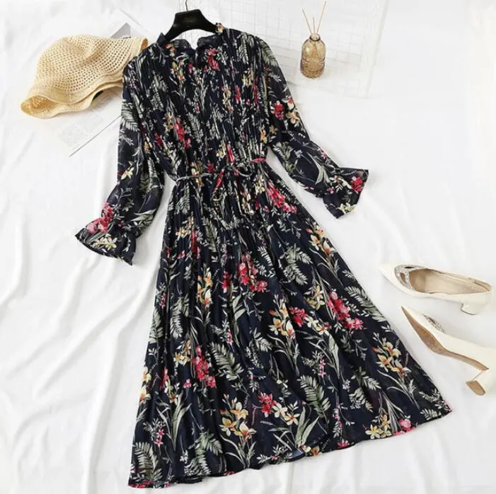 Polka Dot Print Women Chiffon Pleated Dress Sweet Flare Sleeve Party Dresses Casual Loose Lady Office Midi Dress Vestidos Mujer