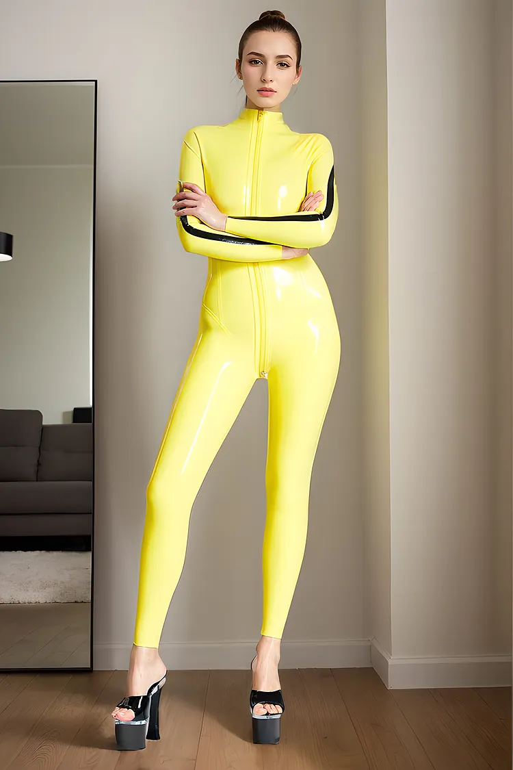Women Latex Catsuits Pencil Striped Front Zip Jeet Kune Do Bruce Lee