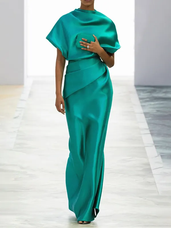 Pleated Solid Color Loose Short Sleeves Maxi Dresses