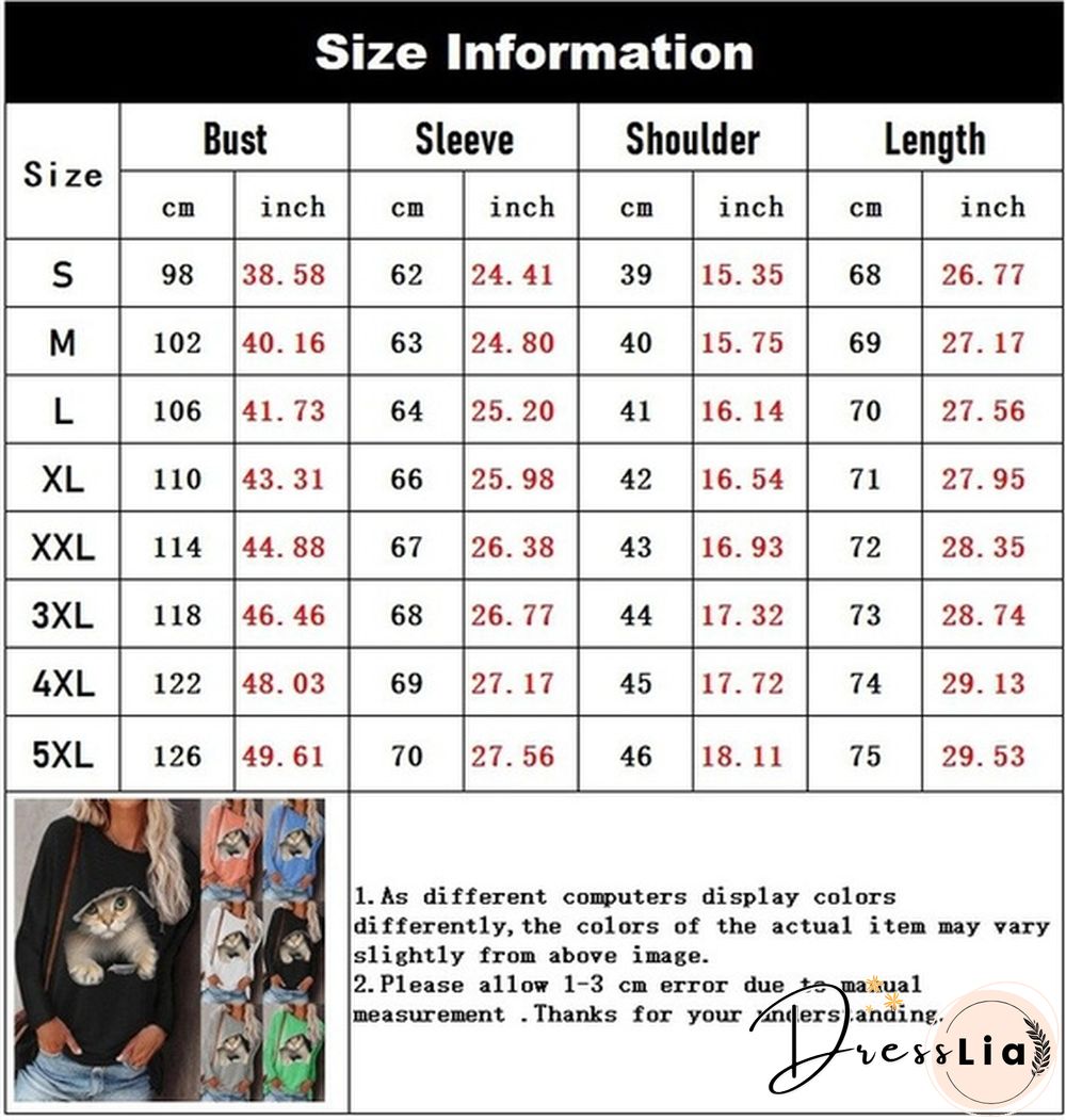 XS-5XL Plus Size Fashion Women Spring and Autumn Casual T-shirts Long Sleeve Hoodies Cute Cat Print Pullover Tops Round Neck Tops