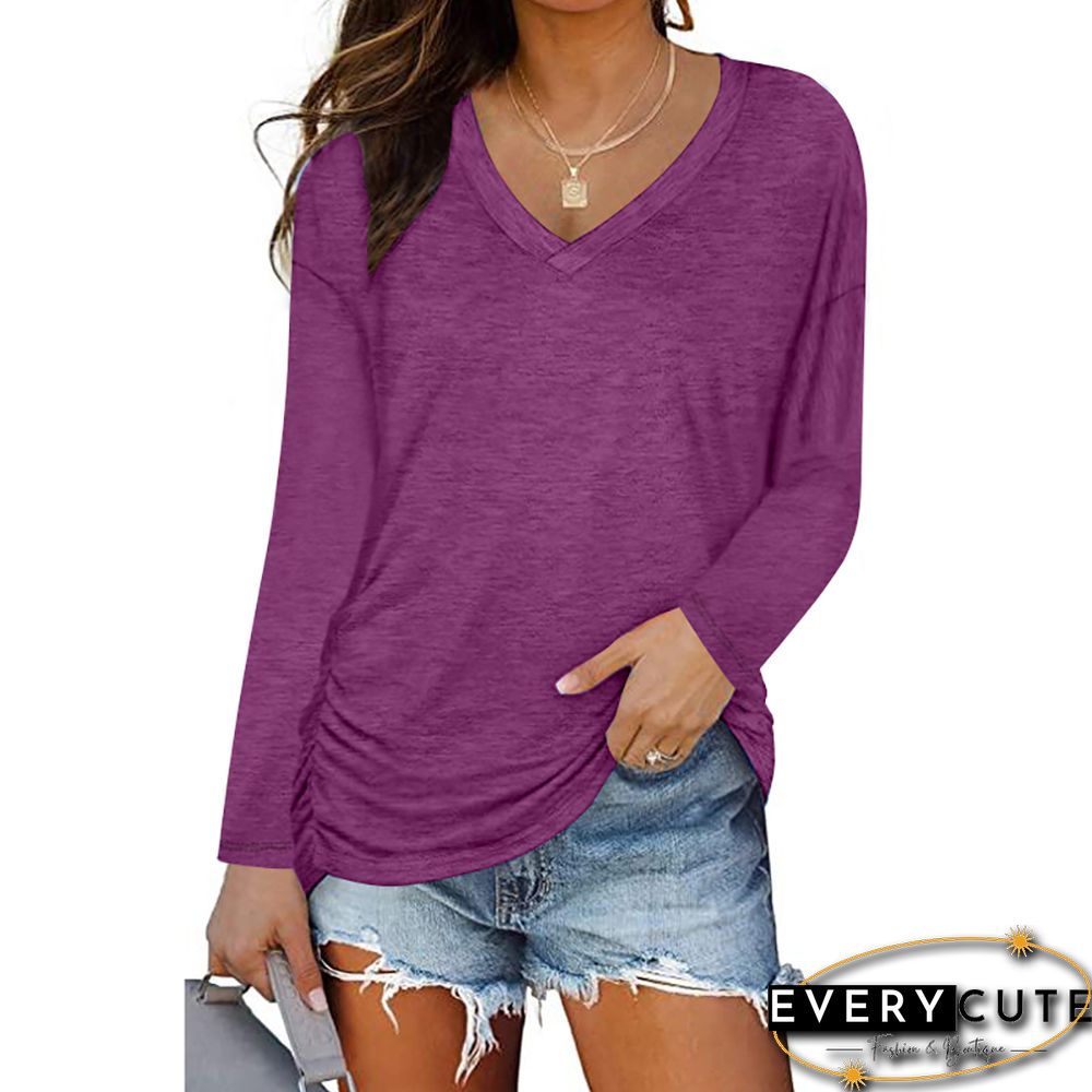 Purple Red V Neck Pleated Long Sleeve Tops