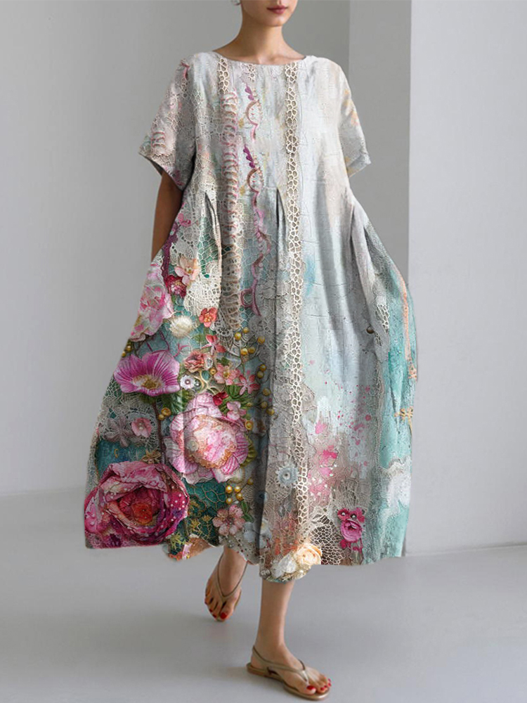 Vintage Floral Lace Splicing Cotton Linen Casual Dress artswardrobe