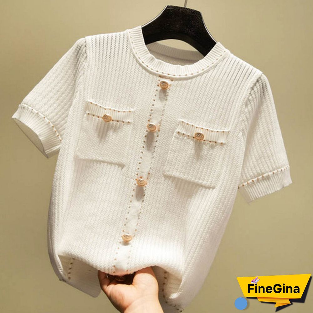 Summer Casual Button Thin Knitted T Shirt Women Hollow Out Tee Shirt Femme Tops T Shirts Female Tshirt Woman Clothes White