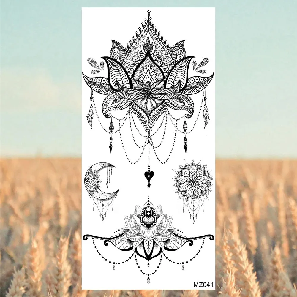Black Lotus Pendant Temporary Tattoos For Women Adult Rose Flower Jewelry Fake Tattoo Fashion Calf Waterproof Half Sleeve Tatoos