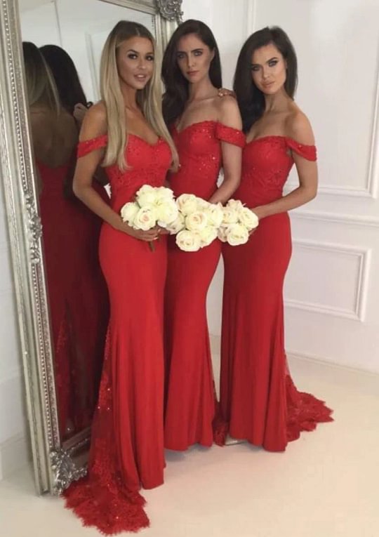red sparkly bridesmaid dresses Red Off-shoulder Sparkly Sequin Slit Simple A-line Prom Bridesmaid Dress
