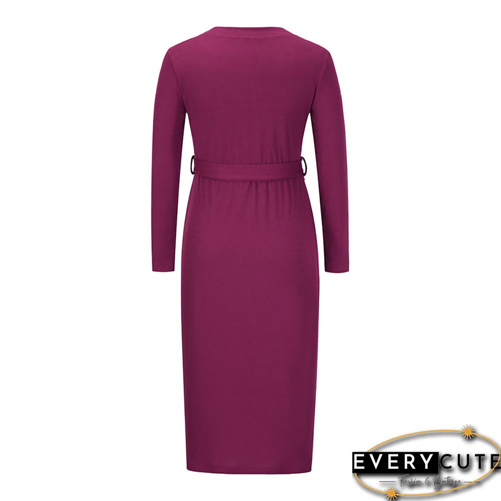 Purple Red Rib Button Tie Waist Midi Dress with Pocket