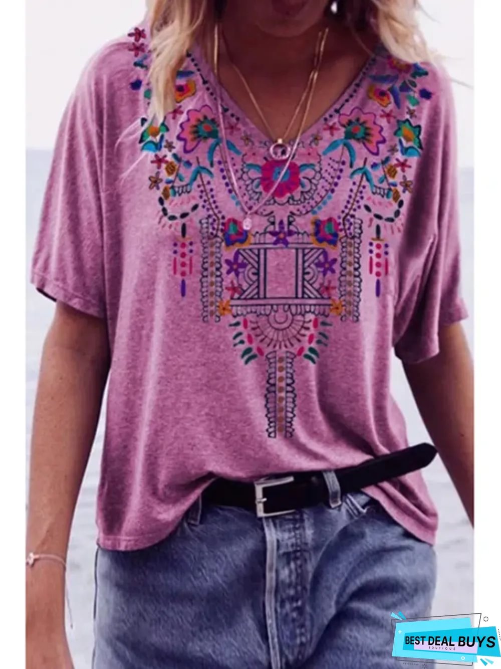 Women's Spring and Summer New Printed National Style V-Neck Short-Sleeved T-Shirt