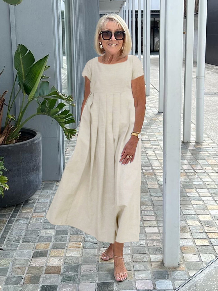 Plus Size Cotton and Linen Large Swing Short Sleeve Square Collar Elegant Casual Long Dress