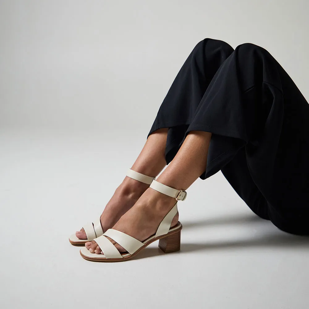 Vegan Leather Open Toe Ankle Strap Women's Heel Sandals in Ivory