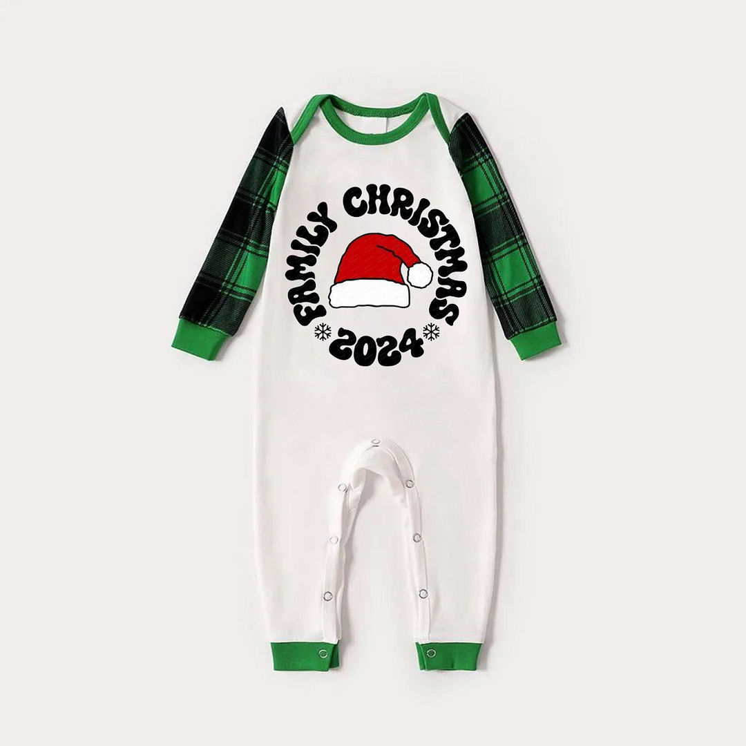 Family Christmas 2024 Text and Santa Hat Print Long Sleeve Top With Green & Black Plaid Christmas Matching Pajamas