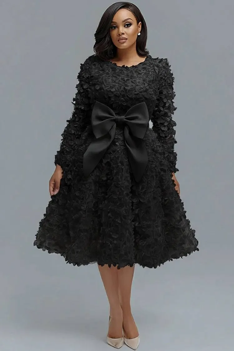 Xpluswear Design Plus Size Wedding White Round Neck Long Sleeve Bow Tie Elegant 3D Midi Dresses 2024 - Xpluswear