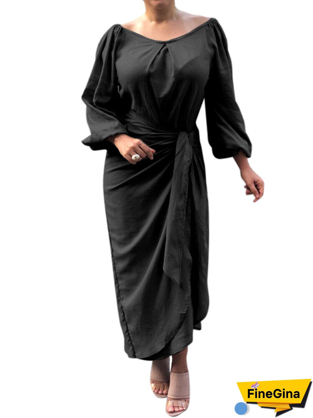 Solid Color Knotted Lantern Long Sleeve Casual Dress for Women