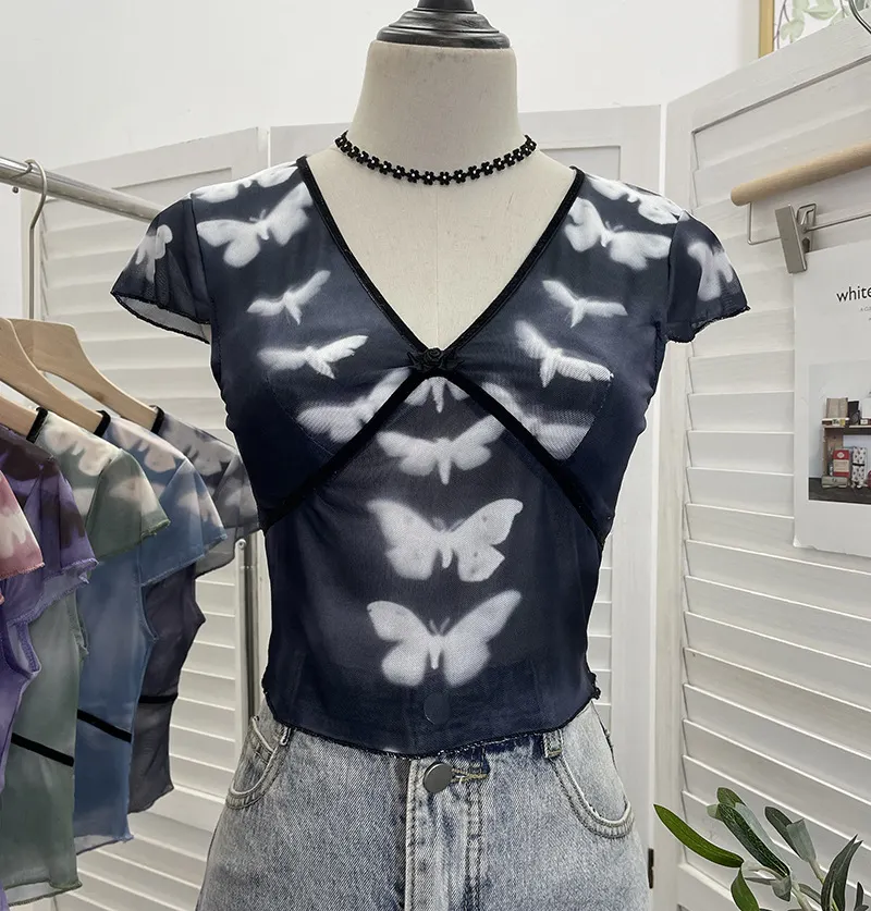 Churchf Sexy Hottie V-Neck Butterfly Print Short-Sleeved T-Shirt Slime Short-Navel Net T-Shirt Girl 9920