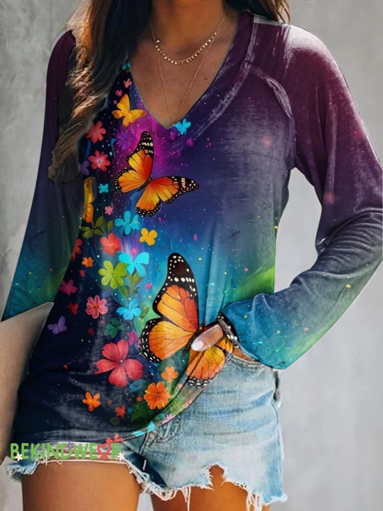 Dreamy Butterfly Gradient Print Casual V-Neck Long Sleeve Top Color / S