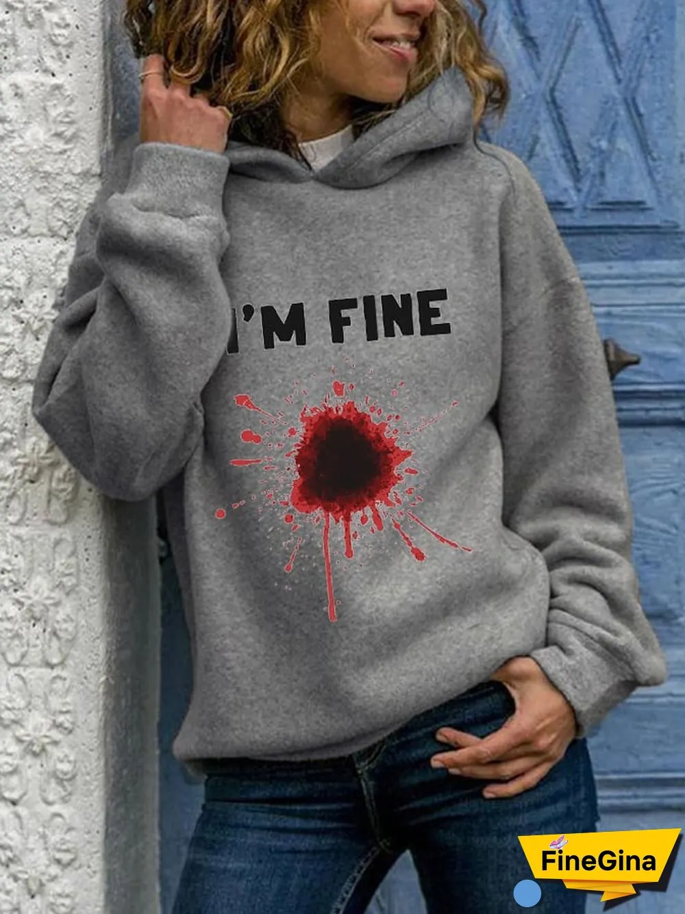 Women's Halloween Funny I'M FINE Bloodstained Print Hoodie